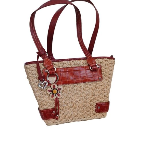 Brighton Bag Woven Natural Straw Red Croc Embossed Leather Floral Charm Dust Bag - Picture 14 of 14